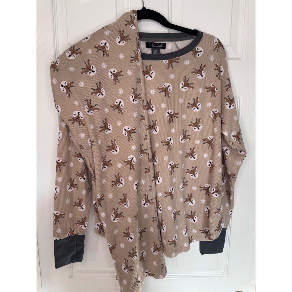 Rene Rofe Womens Reindeer Snowflake Waffle Knit Pajama Set Tan Grey Medium